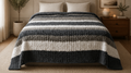 Handmade chunky knit king bedspread in grey and white wide stripes
