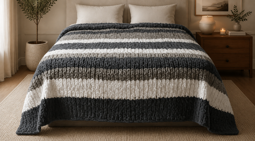 Handmade chunky knit king bedspread in grey and white wide stripes