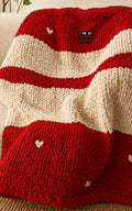 Handmade chunky knit throw in red and white stripes with heart patches and I Am My Sister's Keeper patch by Niecy's Loving Hands