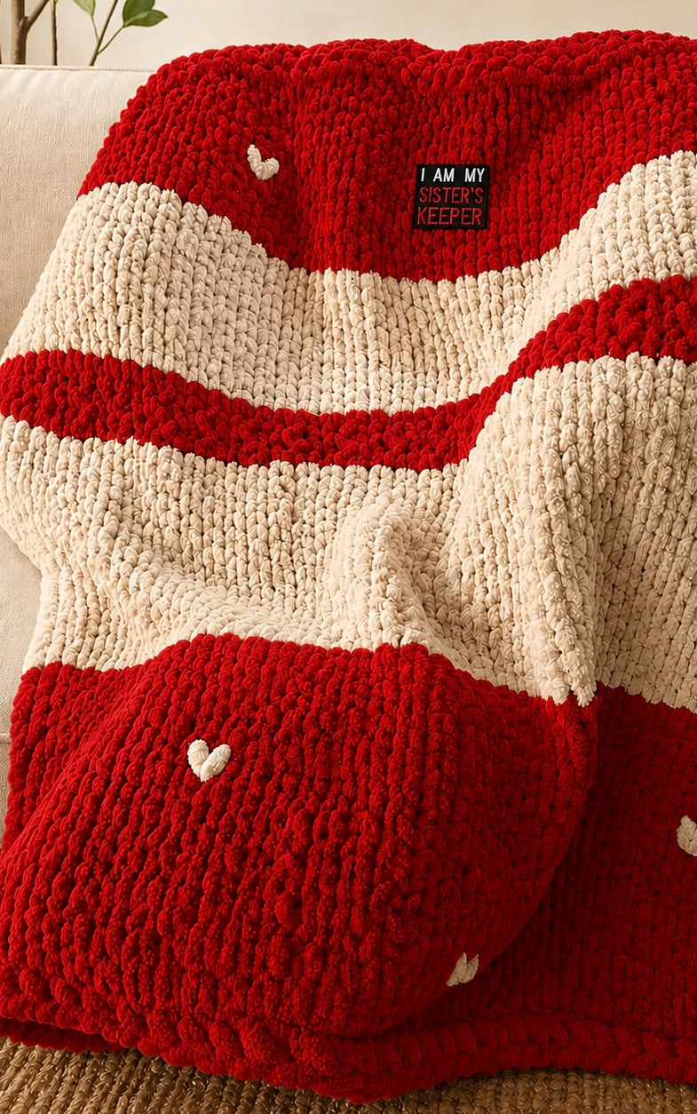 Handmade chunky knit throw in red and white stripes with heart patches and I Am My Sister's Keeper patch by Niecy's Loving Hands