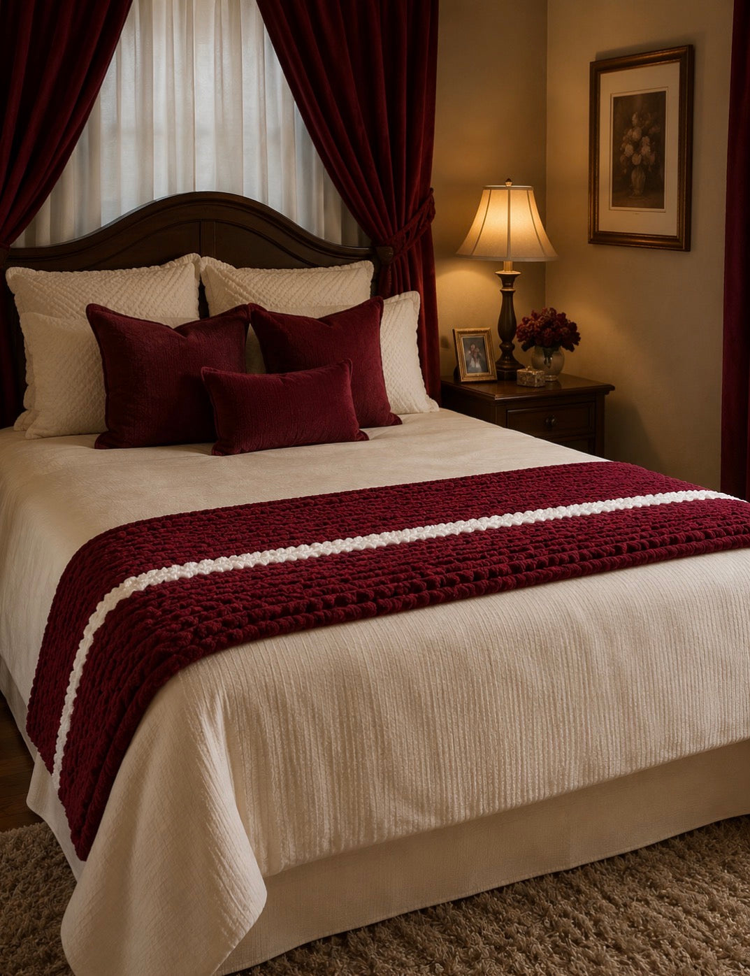 Chunky Knit Bed Scarf – Burgundy & White